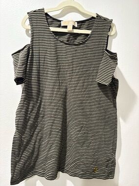 Michael Kors black and tan striped cold-shoulder blouse